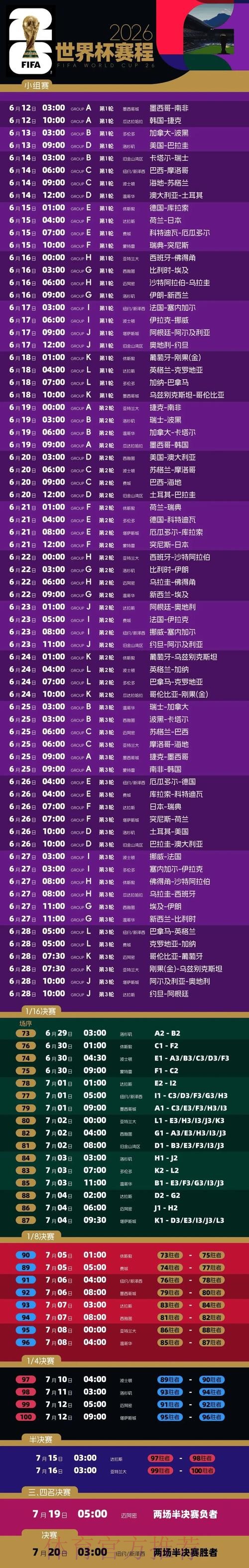 2026世界杯每日赛程高清版完整安排免费观看